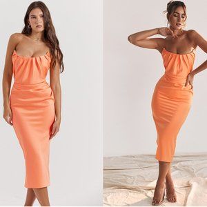 HOUSE OF CB 'Alora' Tangerine Strapless Corset Midi Dress NWOT